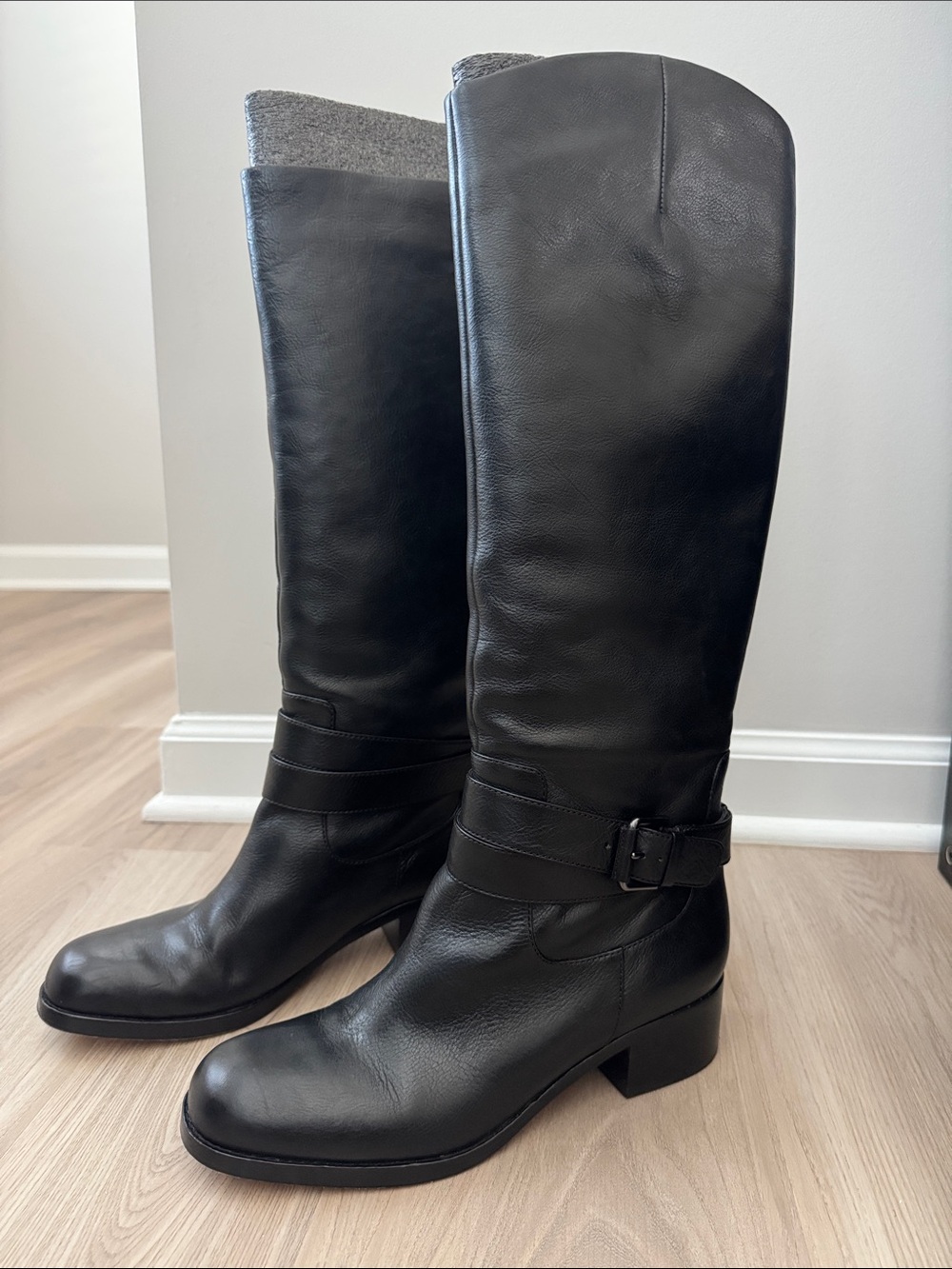 Via Spiga Black Leather Riding Boots with Buckle Strap